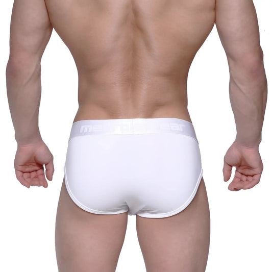 White mens briefs metro male wear profile hip brief 1303-00 with subtle elastic waistband and light gray brand name lettering