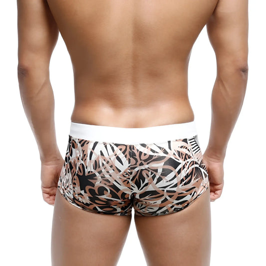 MetroMaleWear Profundo swim boxer briefs feature black beige and white abstract leaf pattern with solid white waistband