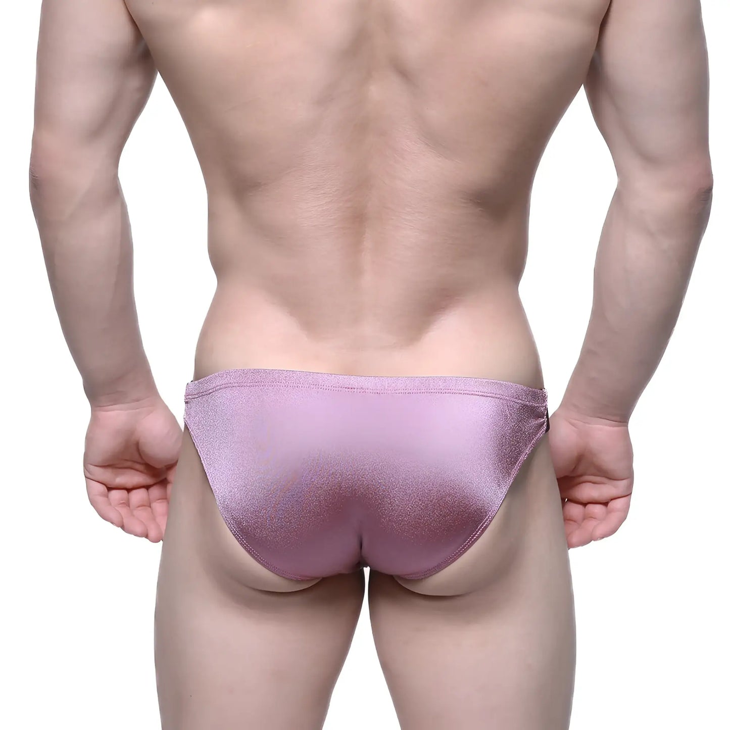 A shimmering lavender metallic MetroMaleWear Puente bikini with sleek form-fitting design in dusty pink