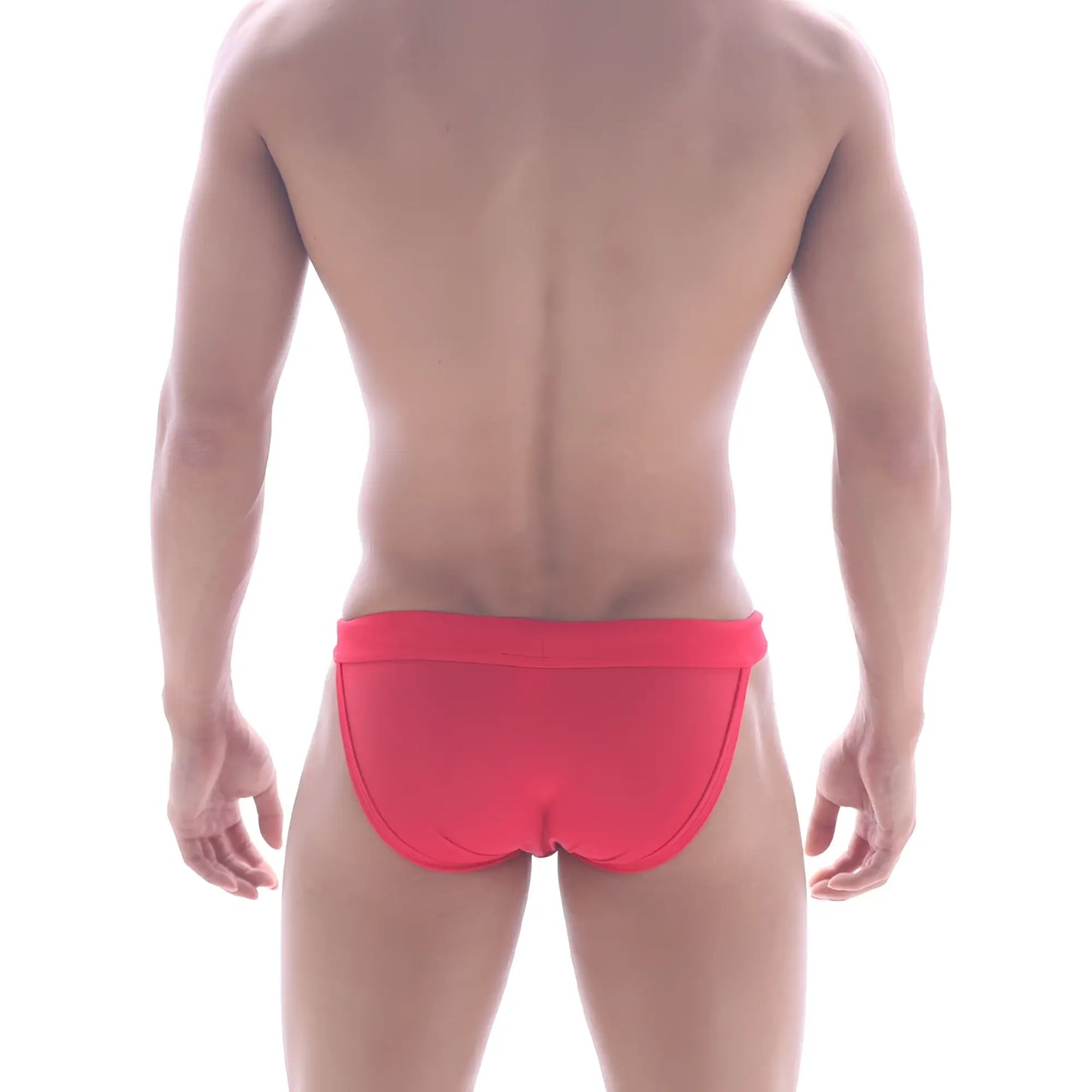 Bright red form-fitting swim trunks with smooth fabric and contoured design metroMalewear Rio Swim Bikini America