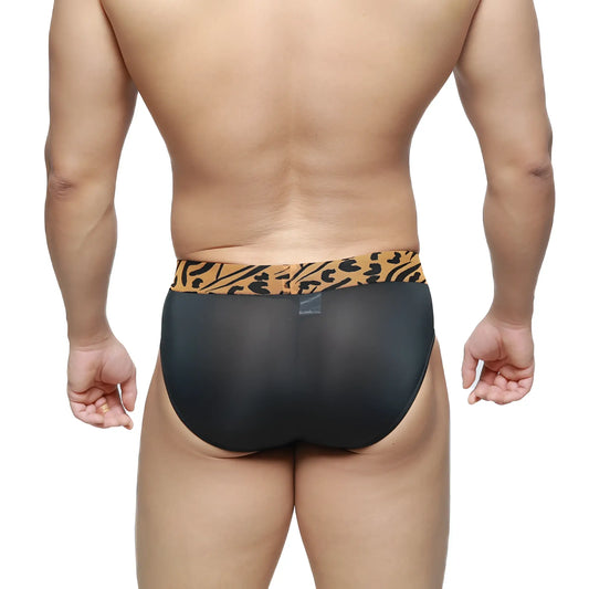 MetroMaleWear Sabana brief black mesh briefs with tan and black leopard print waistband front view