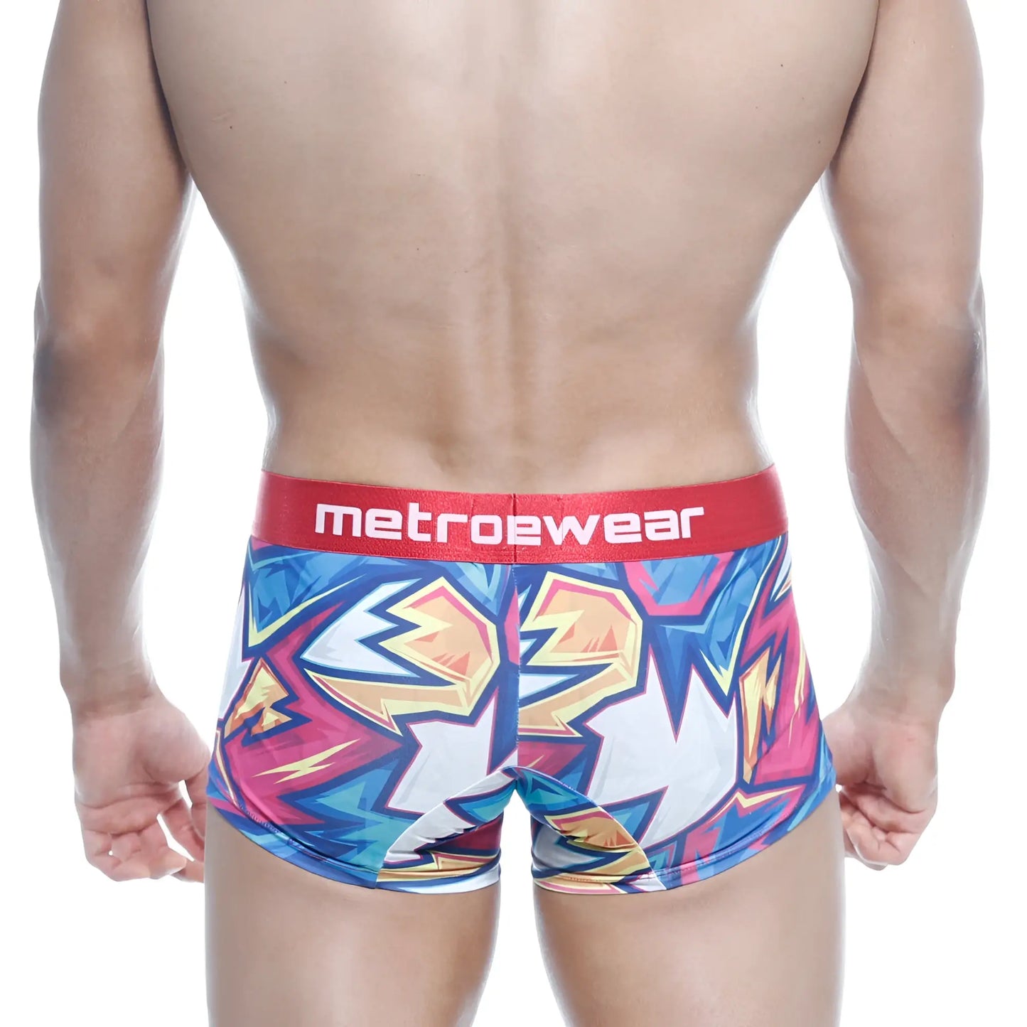 Vibrant graffiti-style metroewear boxer briefs in blue, pink, and yellow with a red waistband.