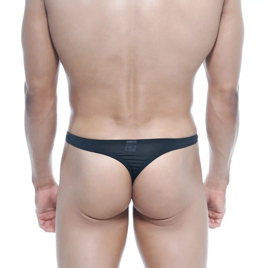 Black mesh thong with subtle textured pattern and small brand tag at center back from metromalewear silk thong 4102-20