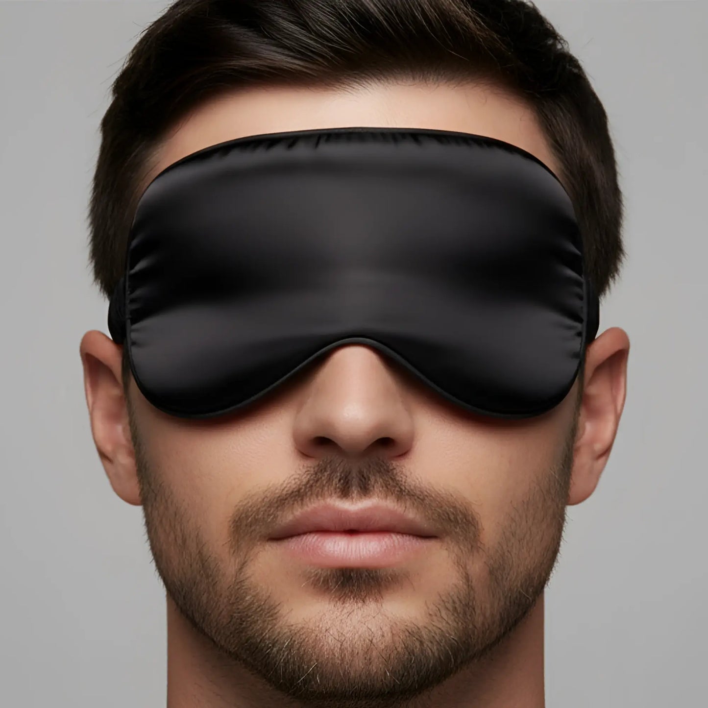 Black satin silk eye mask with smooth glossy finish and elasticized edges by MetroMaleWear for comfortable sleep