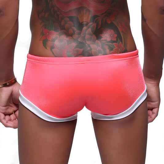 Bright pink metroMaleWear silver swim boxer with white trim designed for swimming and beachwear