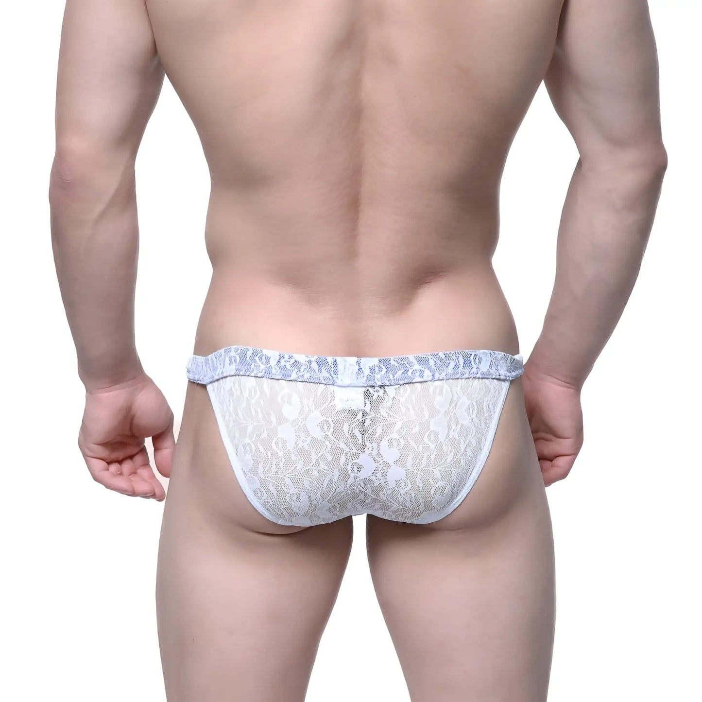 White lace thong with delicate floral pattern and light blue trim from the MetroMaleWear ivory collection.