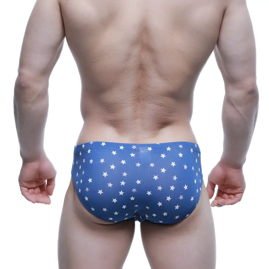 Blue swim trunks metro male wear stella hip brief 5123-90 with white star pattern for comfortable beachwear
