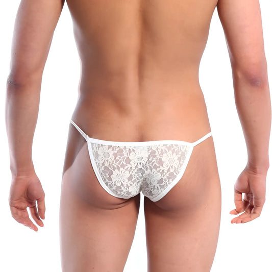 White floral lace thong from MetroMaleWear string bikini lace nude 2005-71 showing delicate lace design