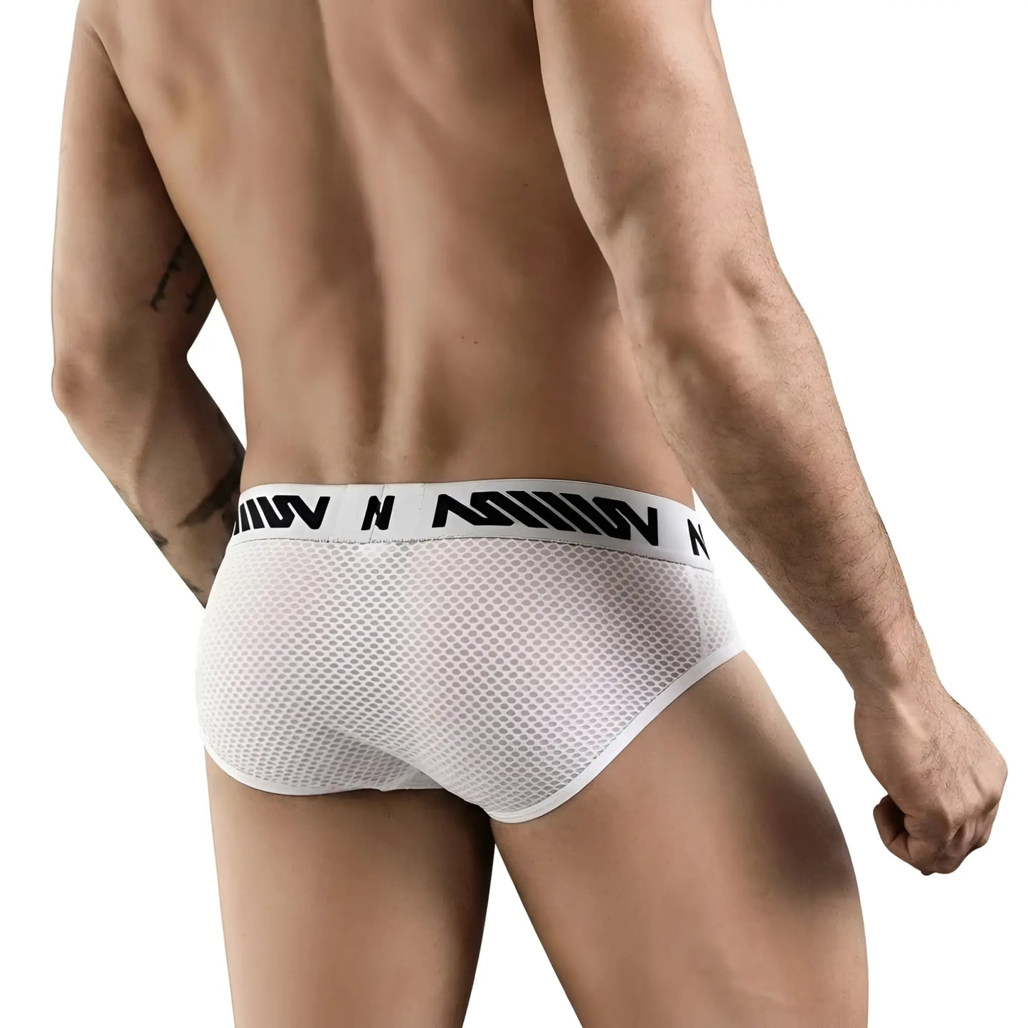 Metro male wear suena brief white 5003-49 white mesh briefs with a black logo band on the waistband