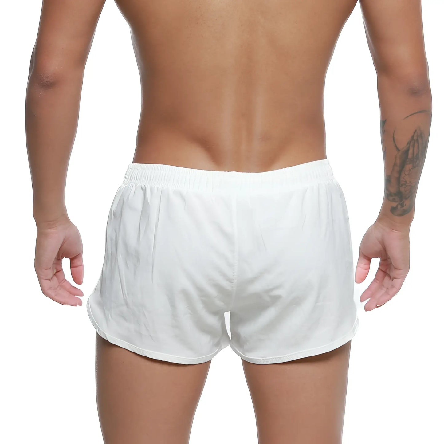 White athletic swim shorts with elastic waistband and relaxed fit by metromalewear for summer use