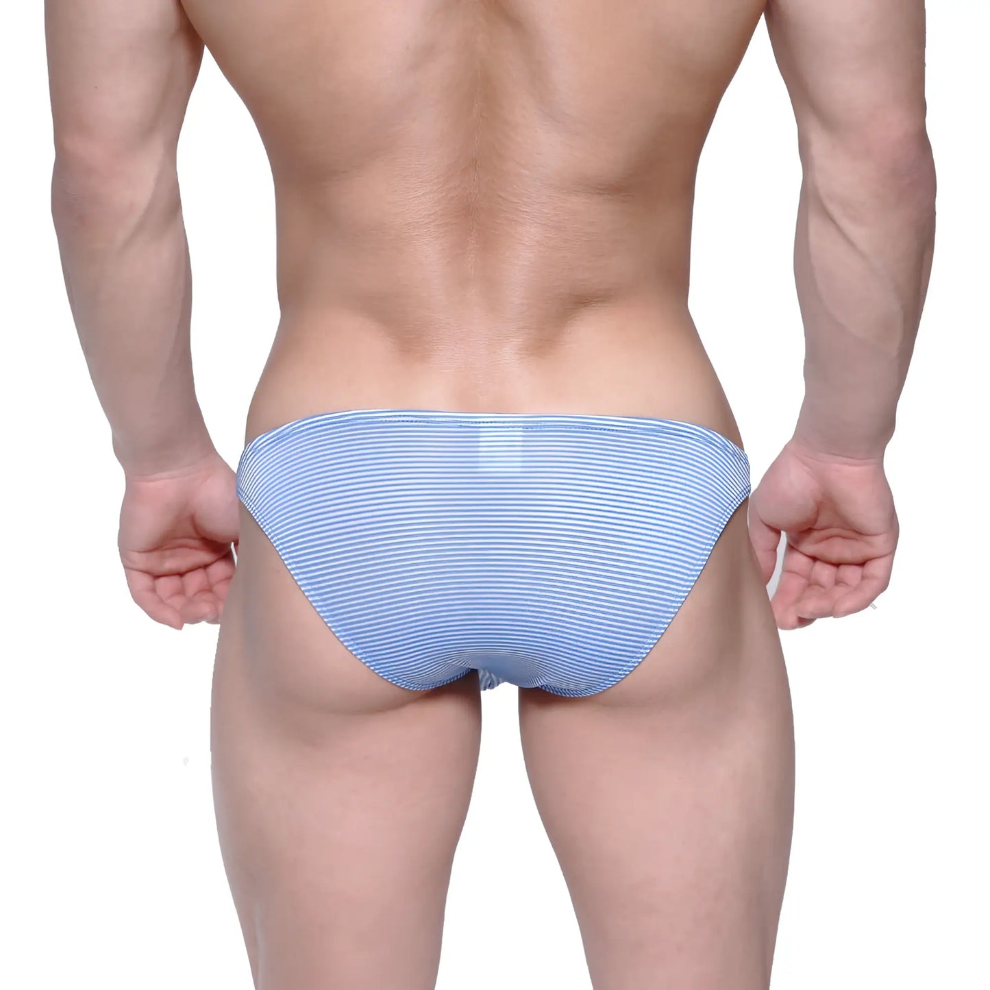 Light blue and white striped men’s briefs by metromalewear sunbathing bikini 2004-40 made of soft fabric