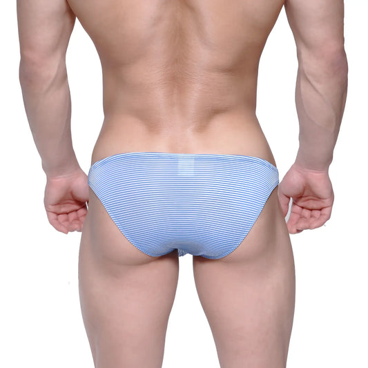 Light blue and white striped men’s briefs by metromalewear sunbathing bikini 2004-40 made of soft fabric