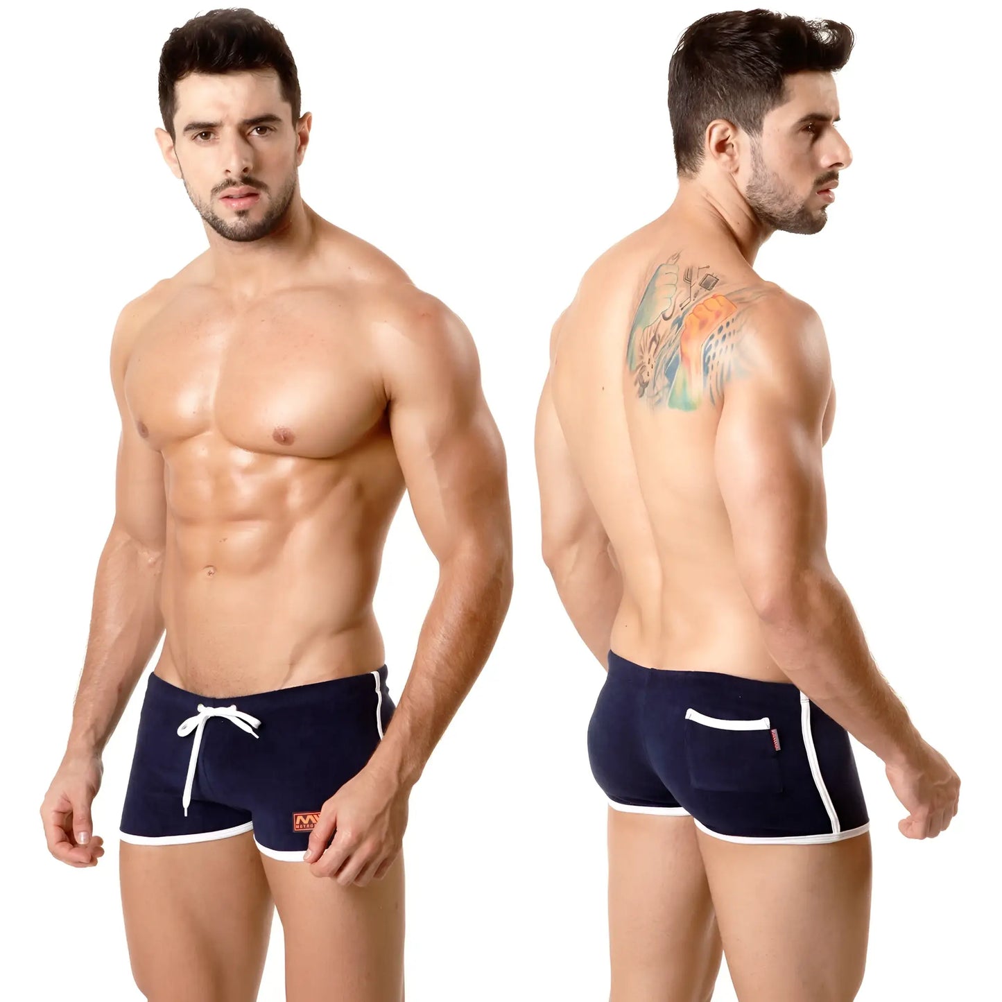 Navy blue terry swim trunks with white trim and front pocket from metromalewear metro short 4702-28