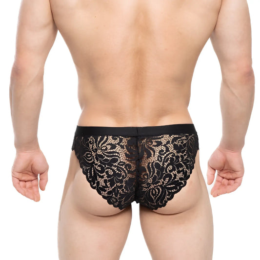 MetroMaleWear Todd Brief black lace underwear with intricate floral patterns and solid black waistband