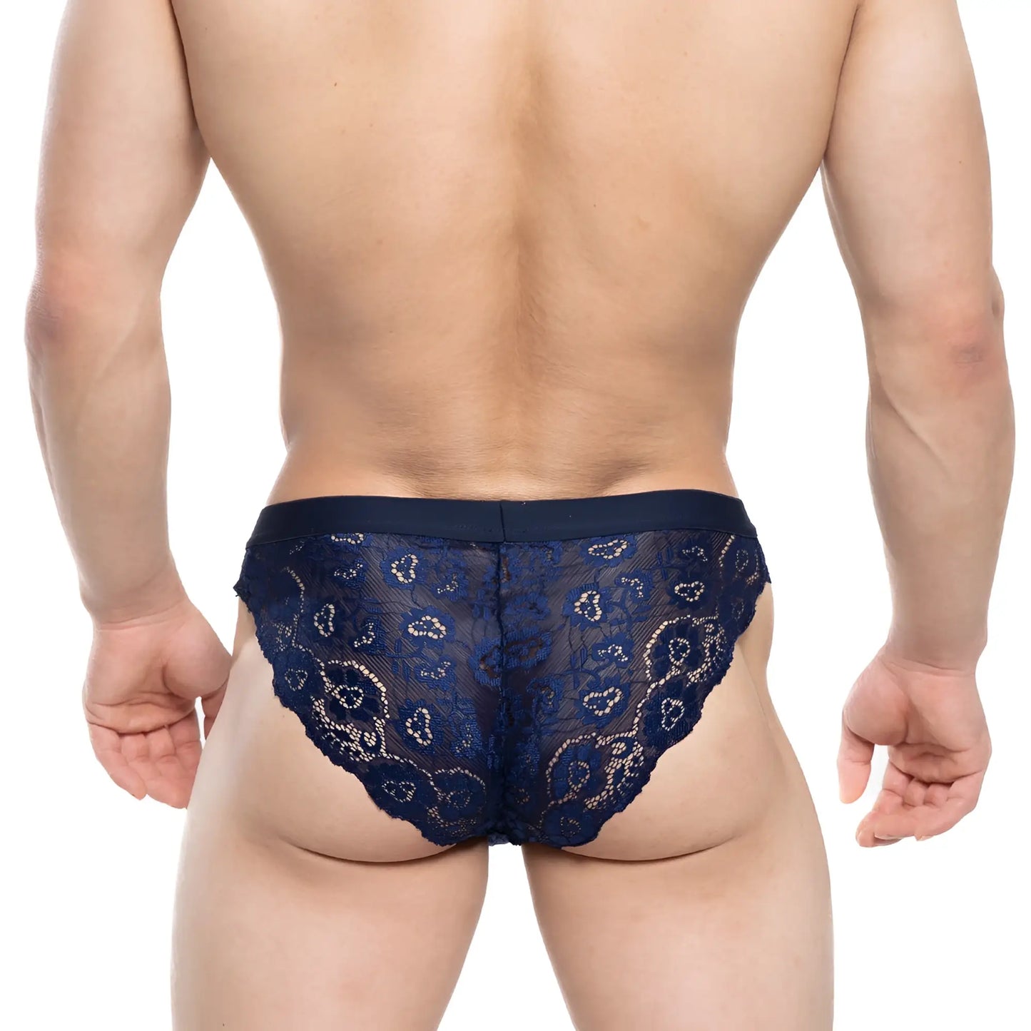 Navy blue lace briefs with intricate floral patterns and solid waistband from metromalewear todd brief dark blue 1403-28