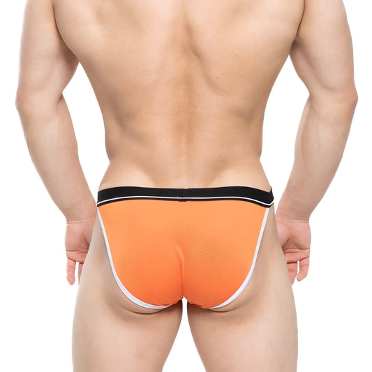 Bright orange MetroMaleWear Tomcat bikini briefs with black waistband and white trim for athletic use