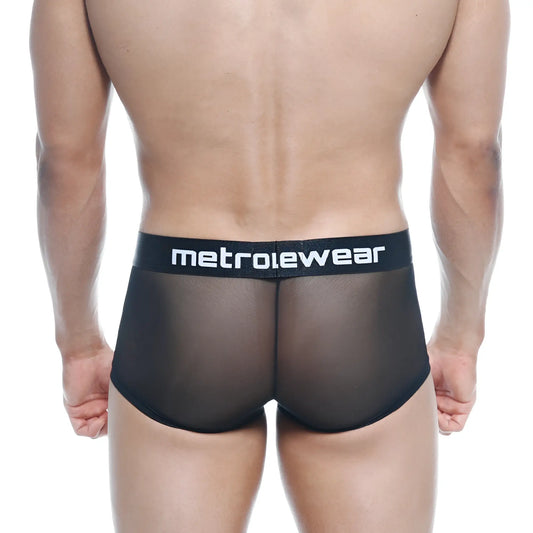 Black mesh briefs with solid black waistband and metrowear logo in white from metromalewear tron trunk 2026-70