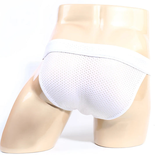 White mesh briefs with a solid white waistband by MetroMaleWear tull bikini 3304-32 providing breathable comfort