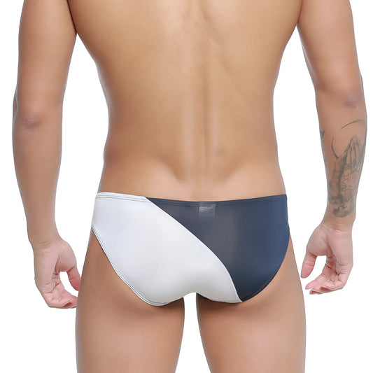 MetroMaleWear TXM bikini dark blue swim trunks with white navy two-tone mesh panel design for comfortable wear