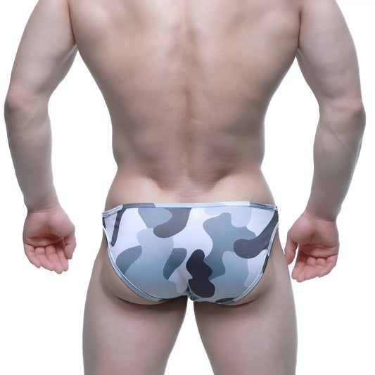 Gray and white camouflage-patterned men’s briefs metro male wear vacas bikini in soft breathable fabric