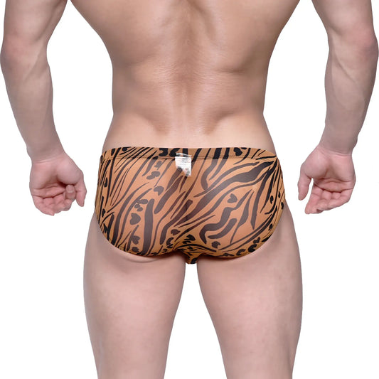 Metromalewear vasco hip brief animal gold swim trunks in orange and black tiger stripe pattern with comfortable fit