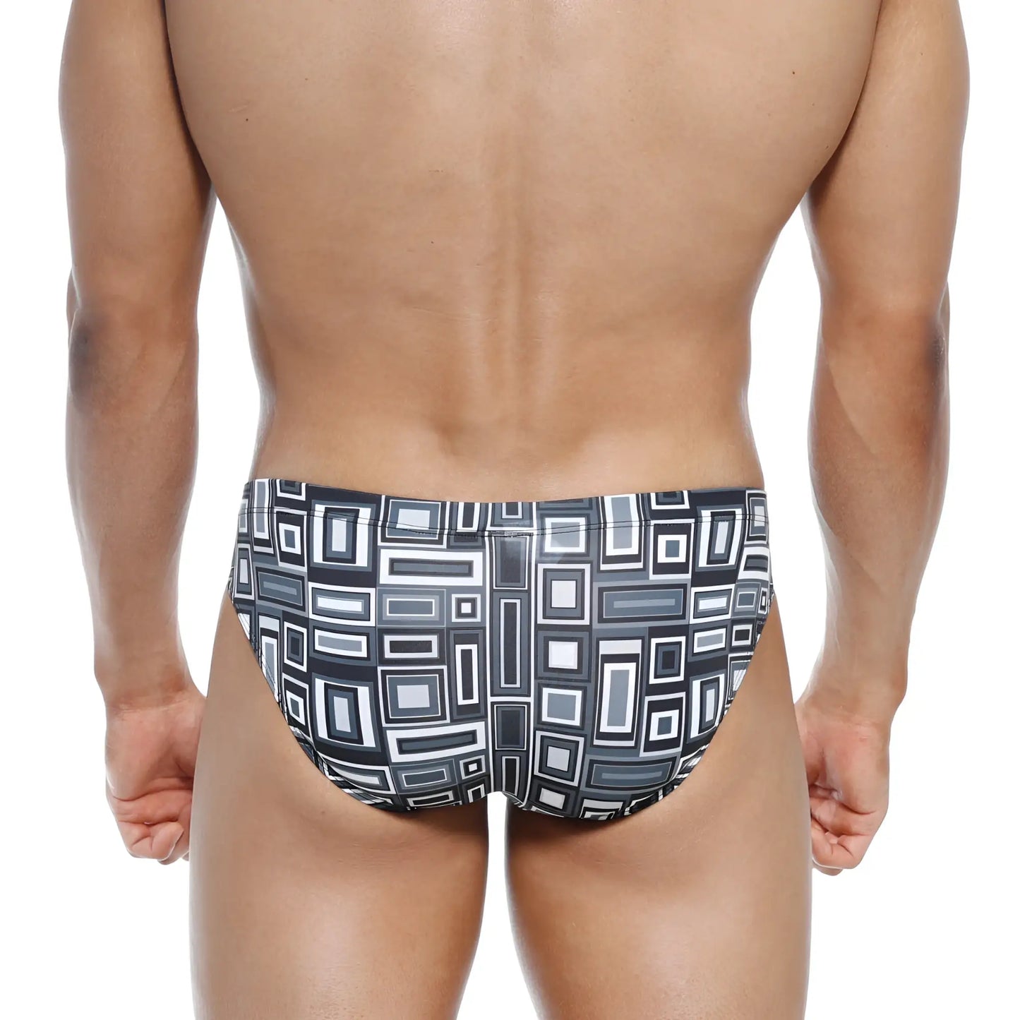 Black and white geometric patterned swim trunks with modern abstract design metro male wear vasco hip brief basalto 5103-23