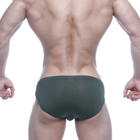 Dark green sheer mesh briefs metro male wear vasco hip brief 5103-26 shown from the back side