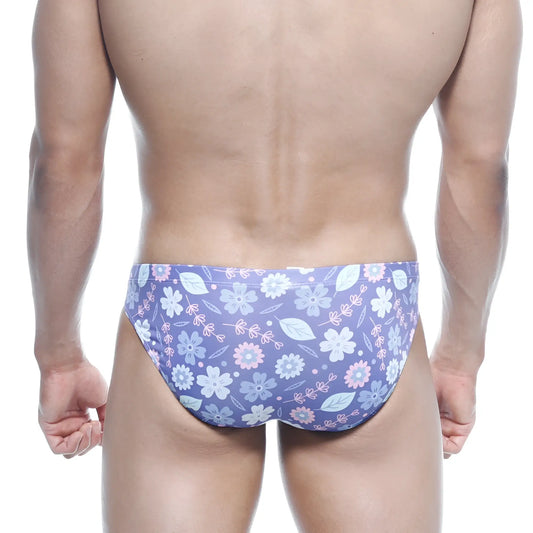 MetroMalewear vasco hip brief jardin 5103-44 purple floral swim trunks with light blue and pink blossoms on stretchy fabric