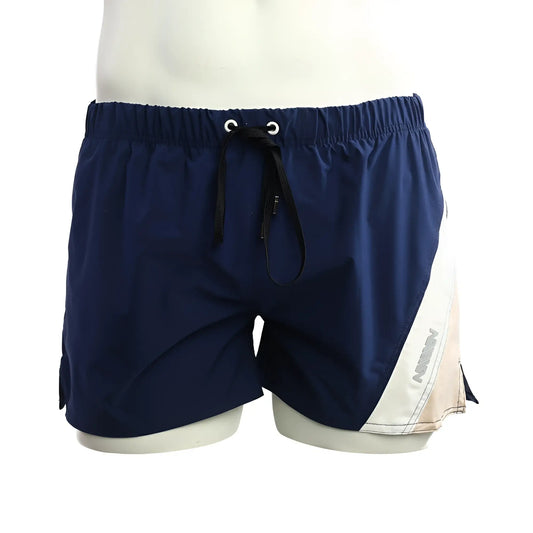 Navy blue and beige athletic swim trunks with a drawstring waistband from MetroMaleWear Viena Short 4715-28