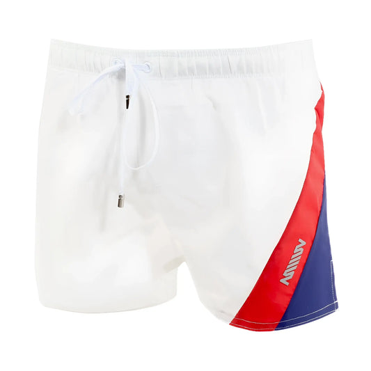 White swim trunks metroMalewear viena short with bold red and blue diagonal stripe and milly logo on the side