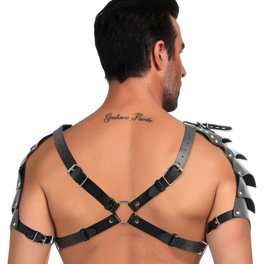 Black leather shoulder harness with spiked armor plates and silver buckles from Miami Jock MJC001 costume