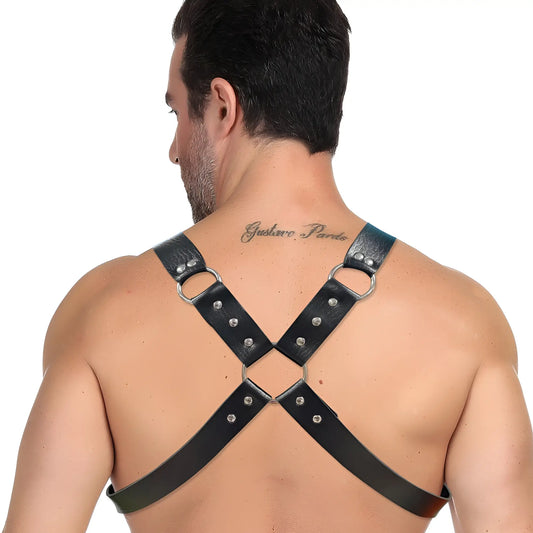 Black leather harness with silver metal rings and studs from miami jock mjc003 costume front view
