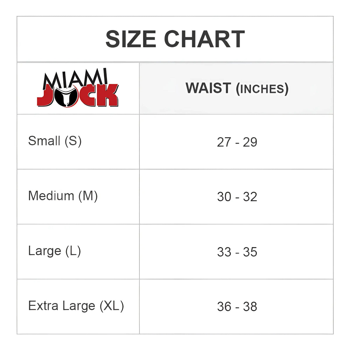 Miami jock MJL027 G-string size chart showing waist measurements in inches for a secure jockstrap fit