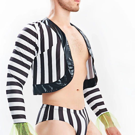 Black and white striped latex crop top with neon green mesh cuffs from Miami Jock MJT009 set front view