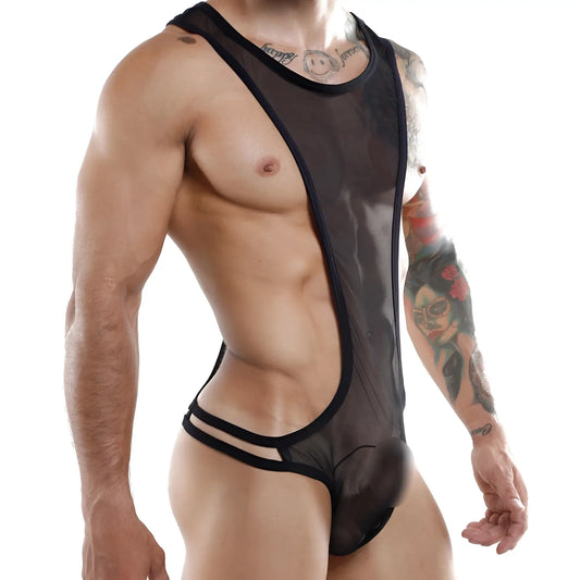 Black sheer mesh one-piece bodysuit with black trim and cutout details from the Miami Jock MJV010 collection