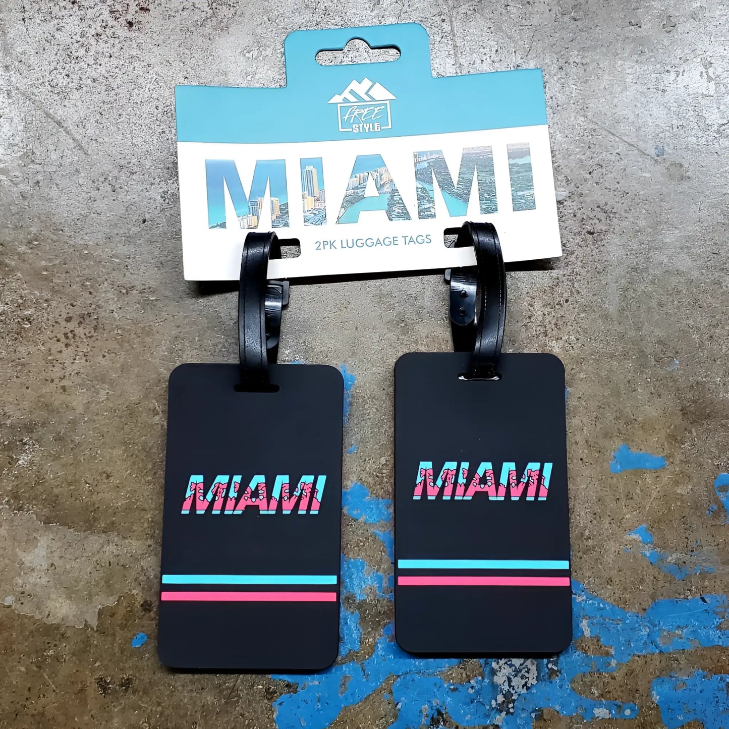 Black rectangular miami luggage tags set of 2 with retro pink and cyan lettering and matching horizontal stripes