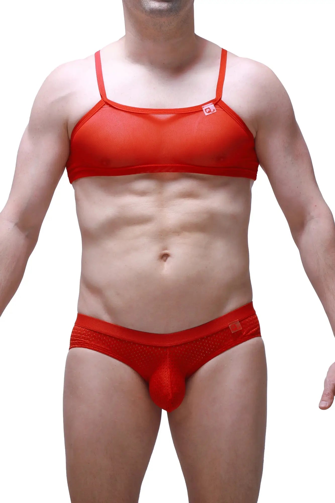 Micro tank net red men’s underwear set with red mesh lace and solid thong featuring integrated pouch