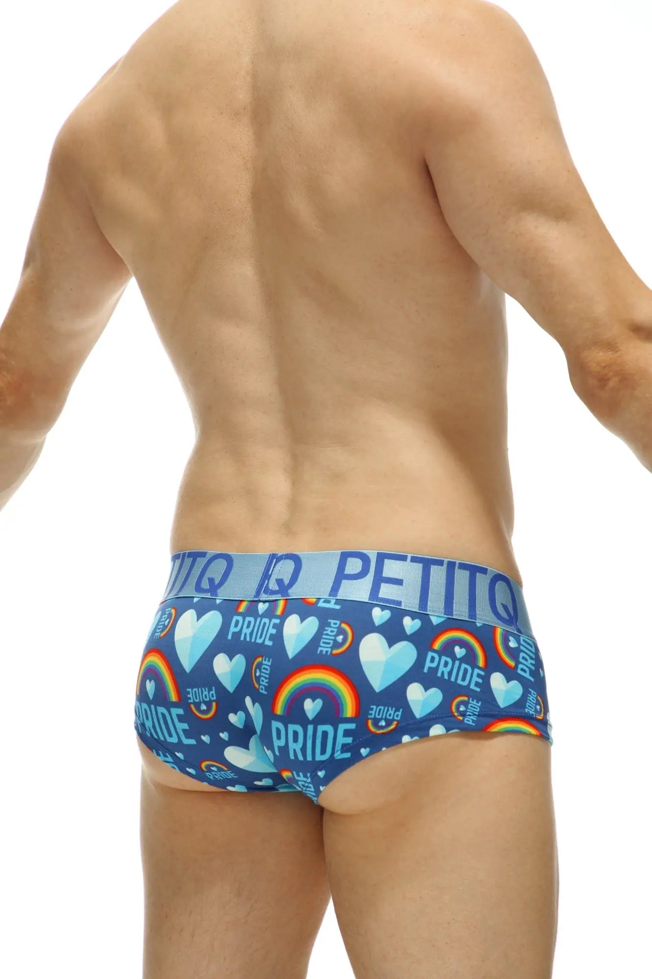 Blue mini boxer double pride briefs with rainbow heart pattern and pride text branded petitq on waistband