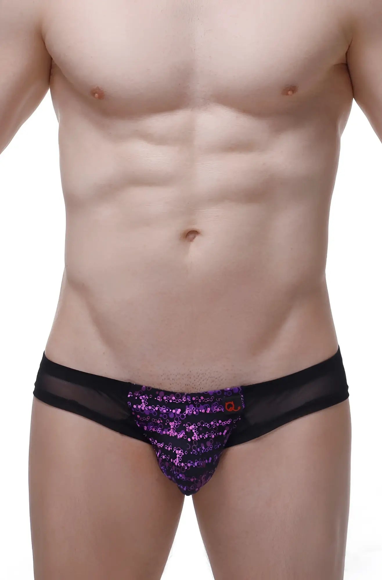 Mini boxer macau bulles purple sequined briefs with black mesh sides and small orange logo on front