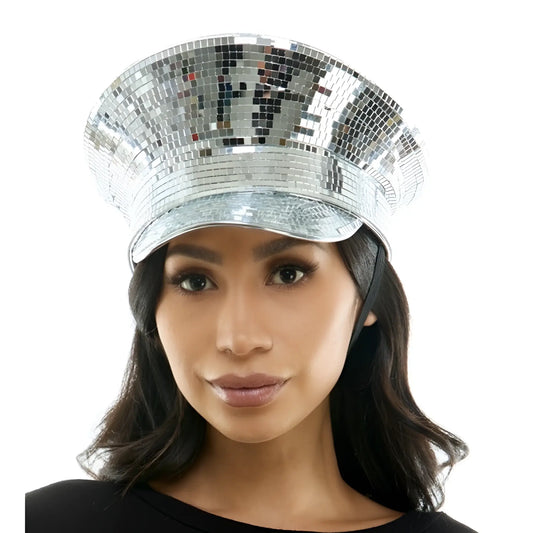 A shiny silver mirrored festival hat with a reflective disco ball surface and a structured brim