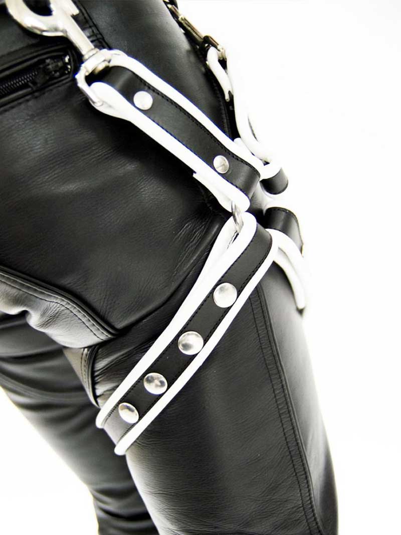 Mister B Leather Leg Harness Black/White 602840 Size L/XL