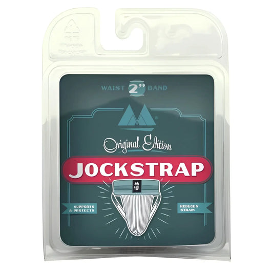 Mm original edition bike style adult jockstrap with 2 inch waistband in red grey in clear plastic package with green label