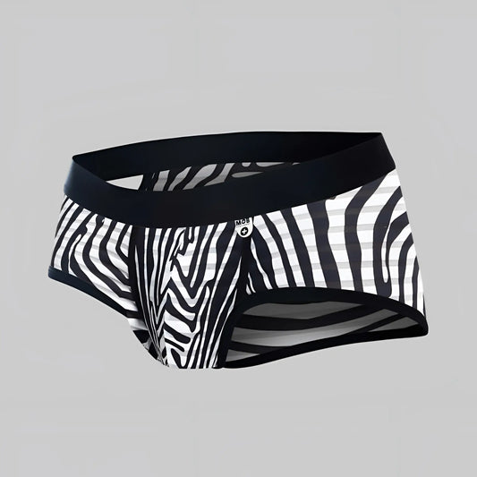 Black and white zebra-striped men’s briefs with a solid black waistband mob aero brief front view