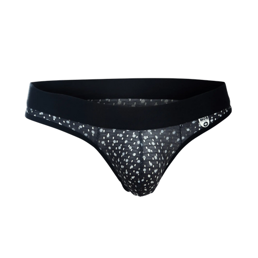 Mob aero jock black and white polka dot mesh briefs with solid black waistband front view