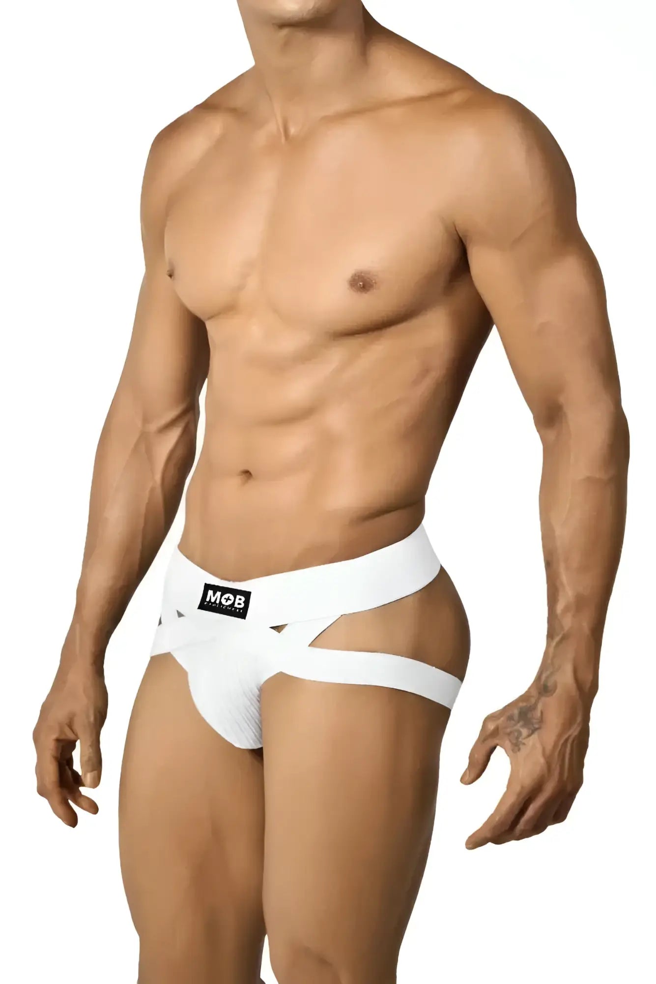 White form-fitting athletic briefs with bold mob logo waistband from mob eroticwear x-jock collection