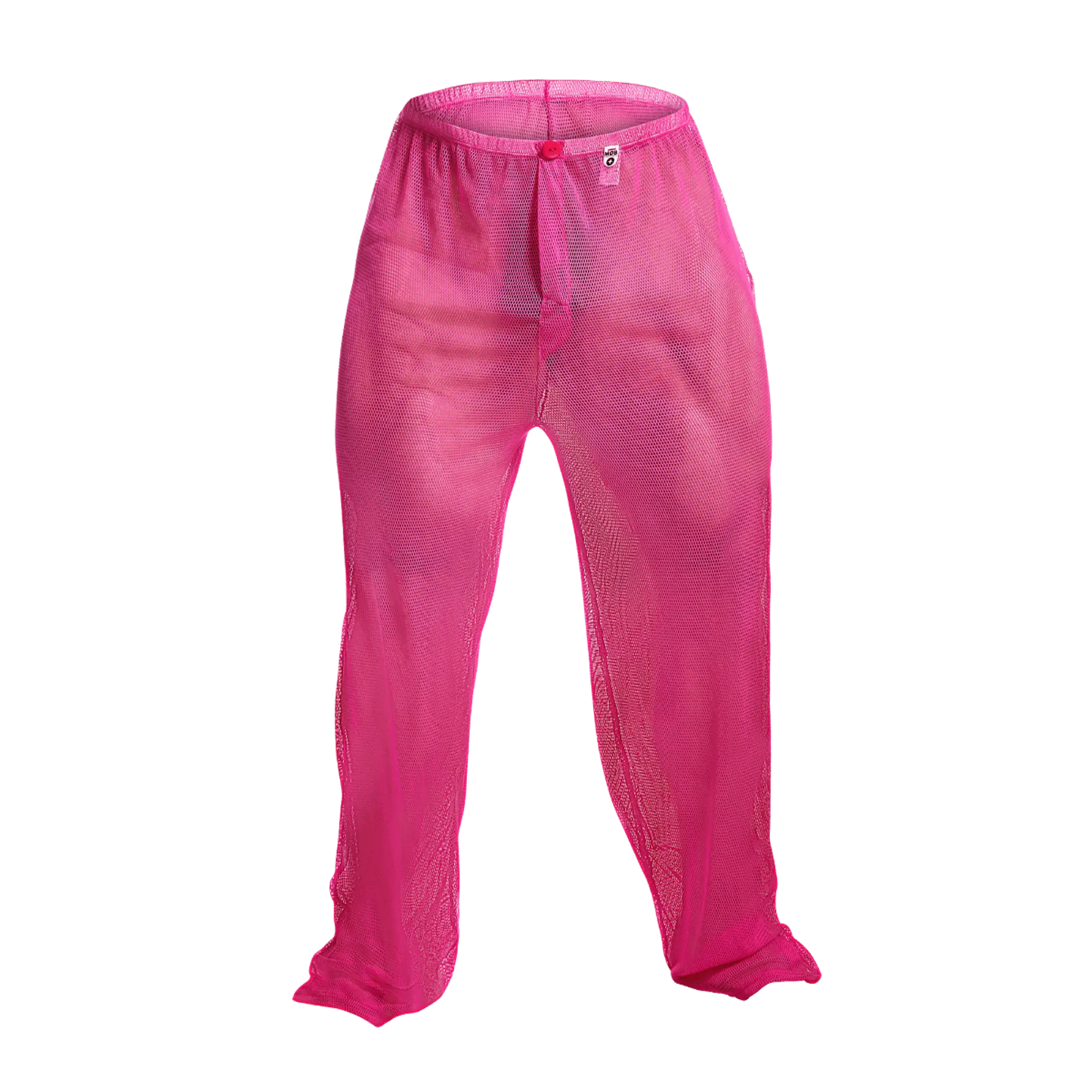 Bright pink mob fishnet pants with elastic waistband and small front tag made of mesh material