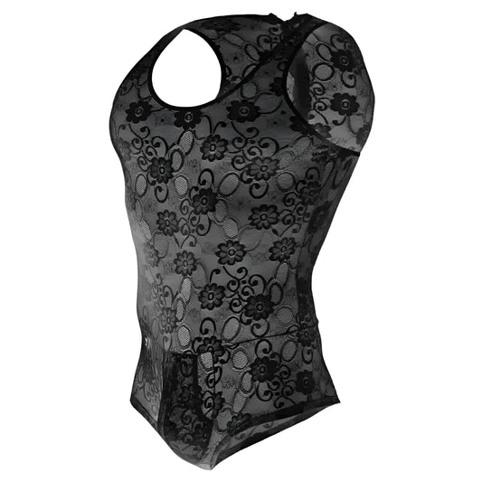Black floral lace halter top with sheer mesh overlay in mob men’s lace bodysuit product front view