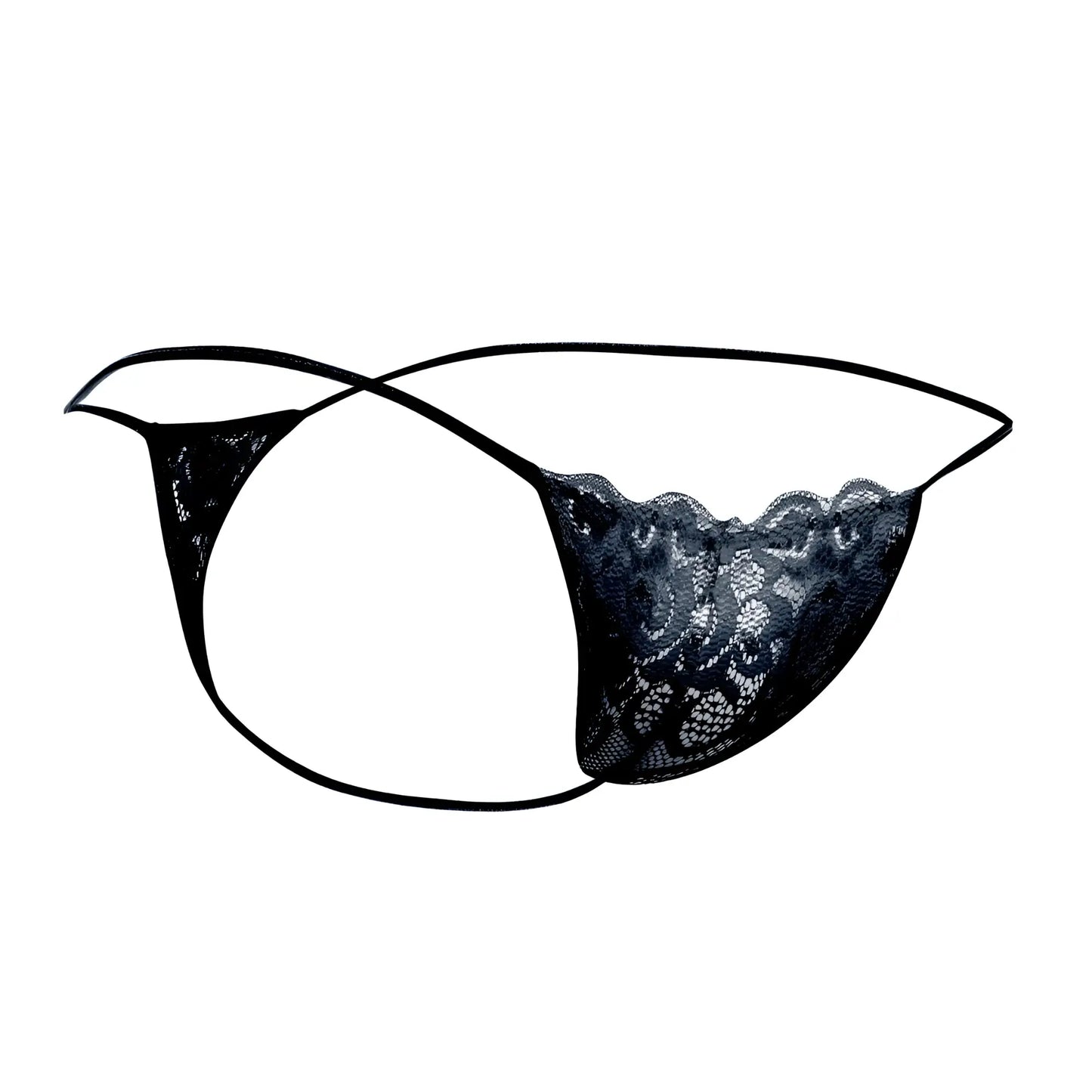 Mob men’s lace thong black lace thong with delicate floral patterns and thin adjustable straps visible from the back
