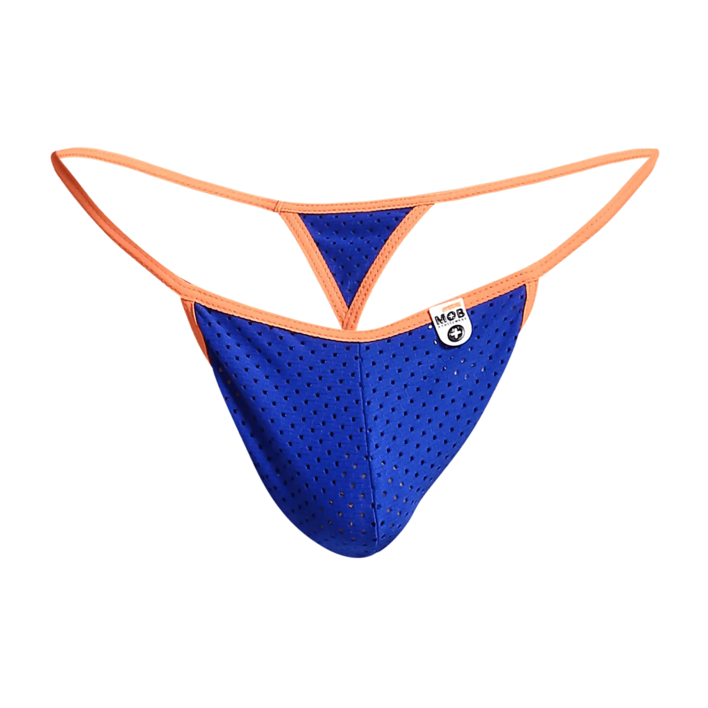 MOB men’s sexy microfiber g-string in blue perforated mesh with orange trim and small white brand tag