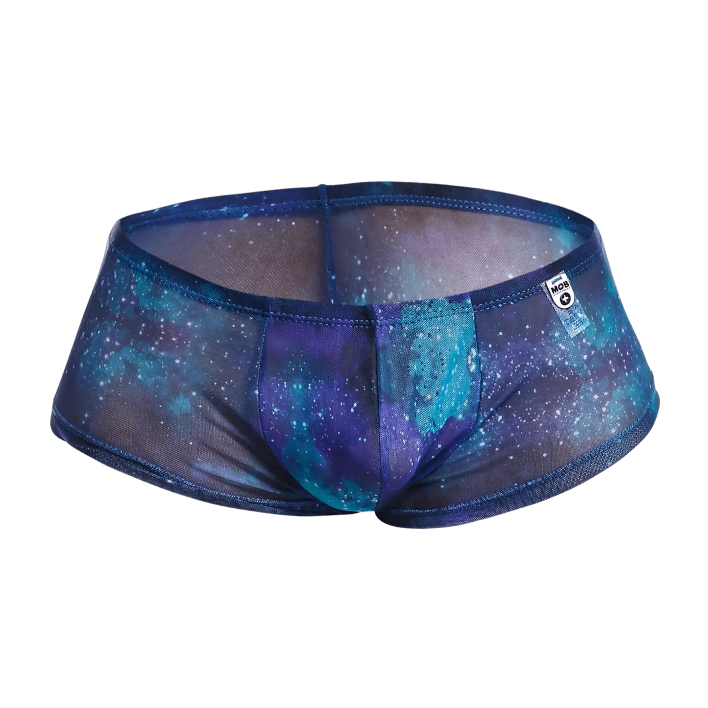 Mob men’s sexy sheer hip brief in blue and purple galaxy-patterned mesh with a translucent design